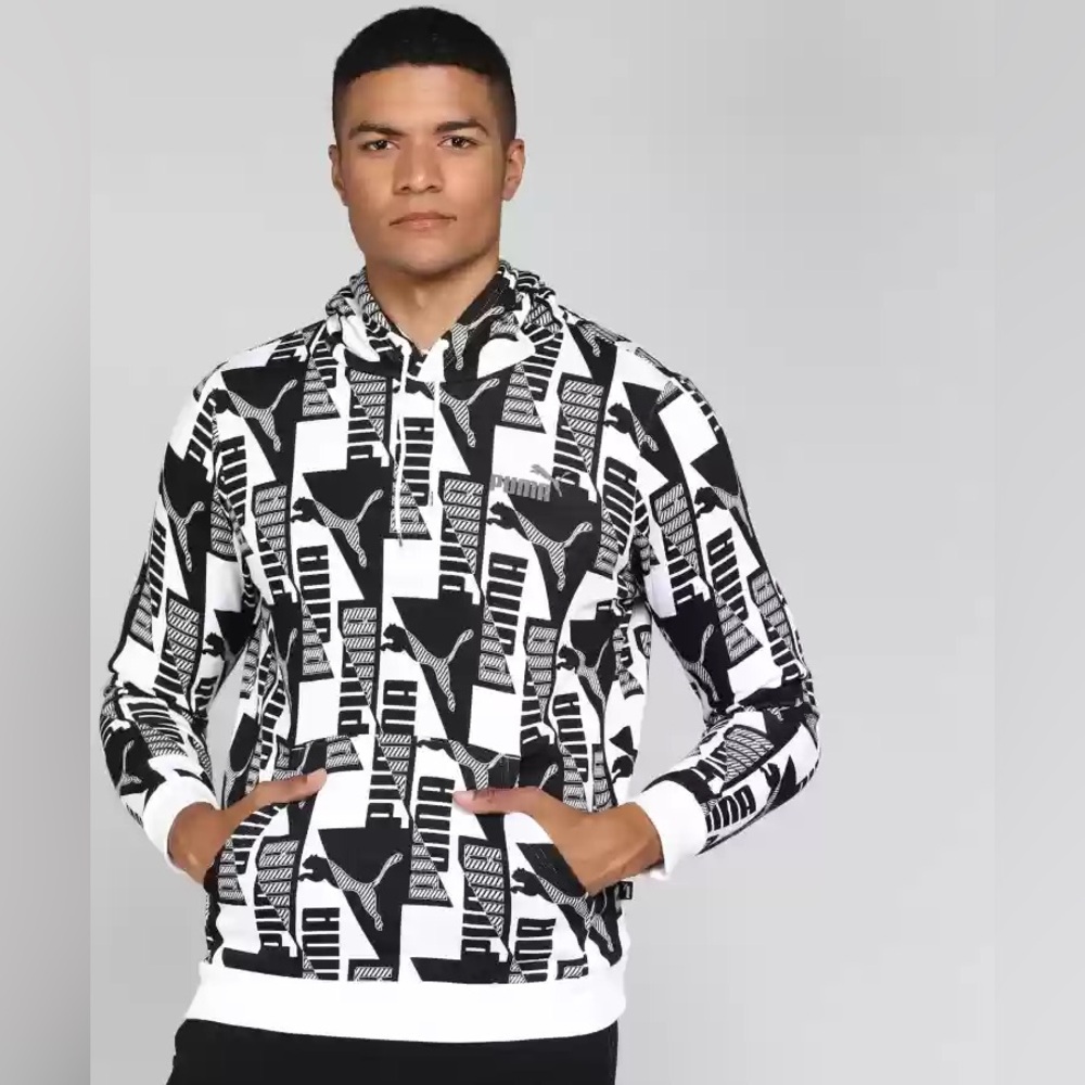 Puma Black White Graphic Hoodie Full Sleeve Sweatshirt Streetwear Contrast, XL
